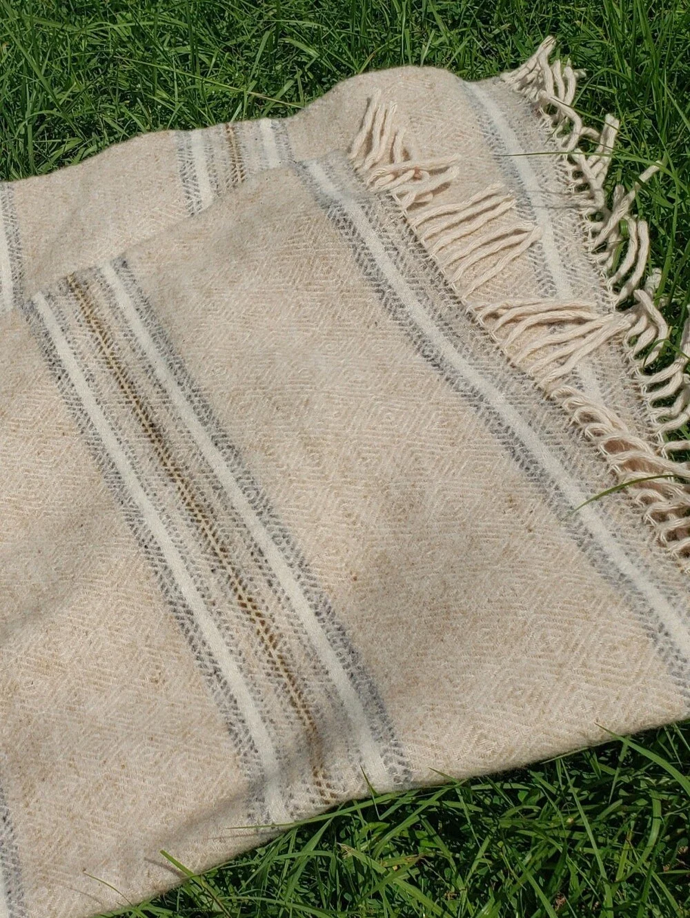 Vintage Handwoven Striped Wool Throw Blanket - Neutral Cream Beige